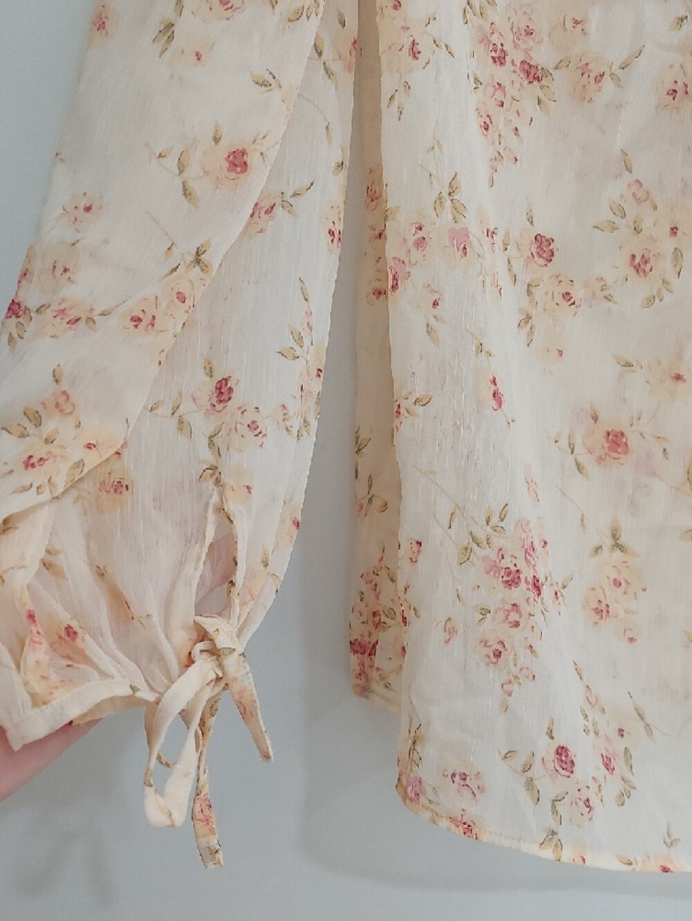 Women's Sheer Floral Tie-Front Blouse - Cream with Pink Floral - Picture 5 of 10